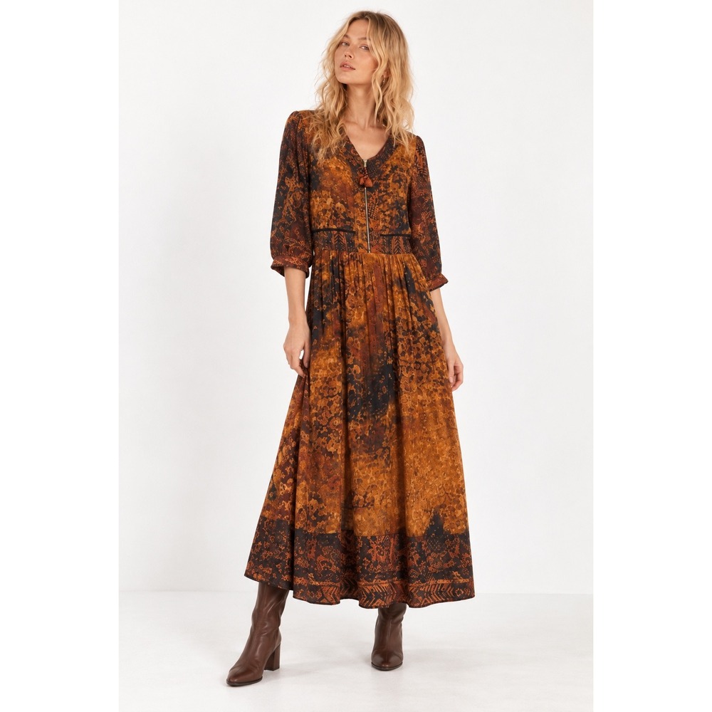 Soft Surroundings Midi Dress 12 Rust Black Batik Print Tassel Boho